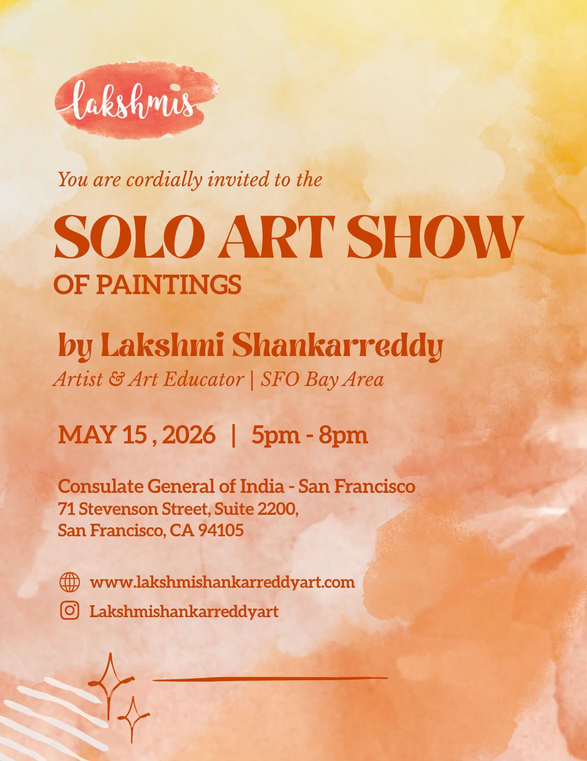 Artist Lakshmi Shankarreddy Solo Art Show San Francisco