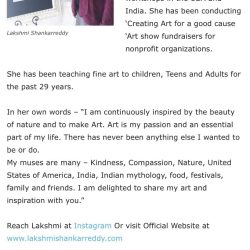 A published article in India Post highlighting Lakshmi Shankarreddy art workshop focused on community art education and creating art with a purpose.